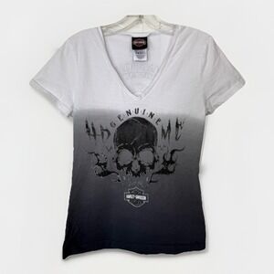 Harley-Davidson Women's Skull Graphic Tee Small Ombré V-Neck Mad Boar TX Biker